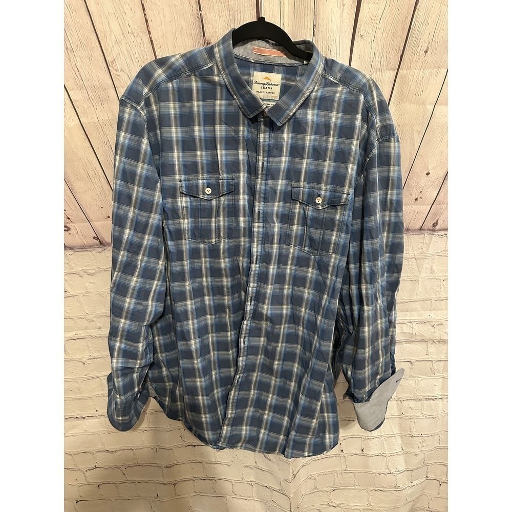 Tommy Bahama Blue Plaid Island Crafted Cotton Button-Down Casual Shirt